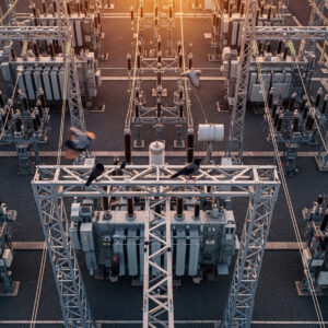 : Top-down view of a substation showing dense equipment and birds attempting to perch near energized areas