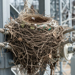 Close-up of a bird nest with twigs and leaves in a substation