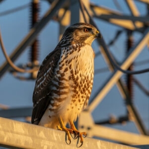  close-up image of a hawk perched on a tall substation structure