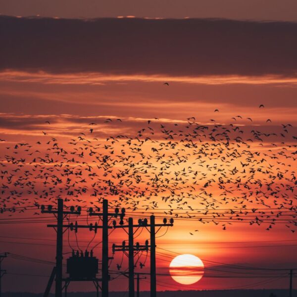 Sunset with birds flying.