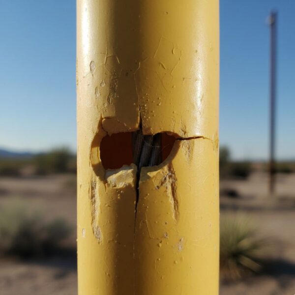 A detailed photograph of a rugged, weathered polymer guy wire marker showing texture and resistance under bright sunlight.