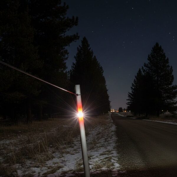 A nighttime photograph of a guy wire marker with a retro-reflective strip catching and reflecting bright light from an unseen vehicle headlight.