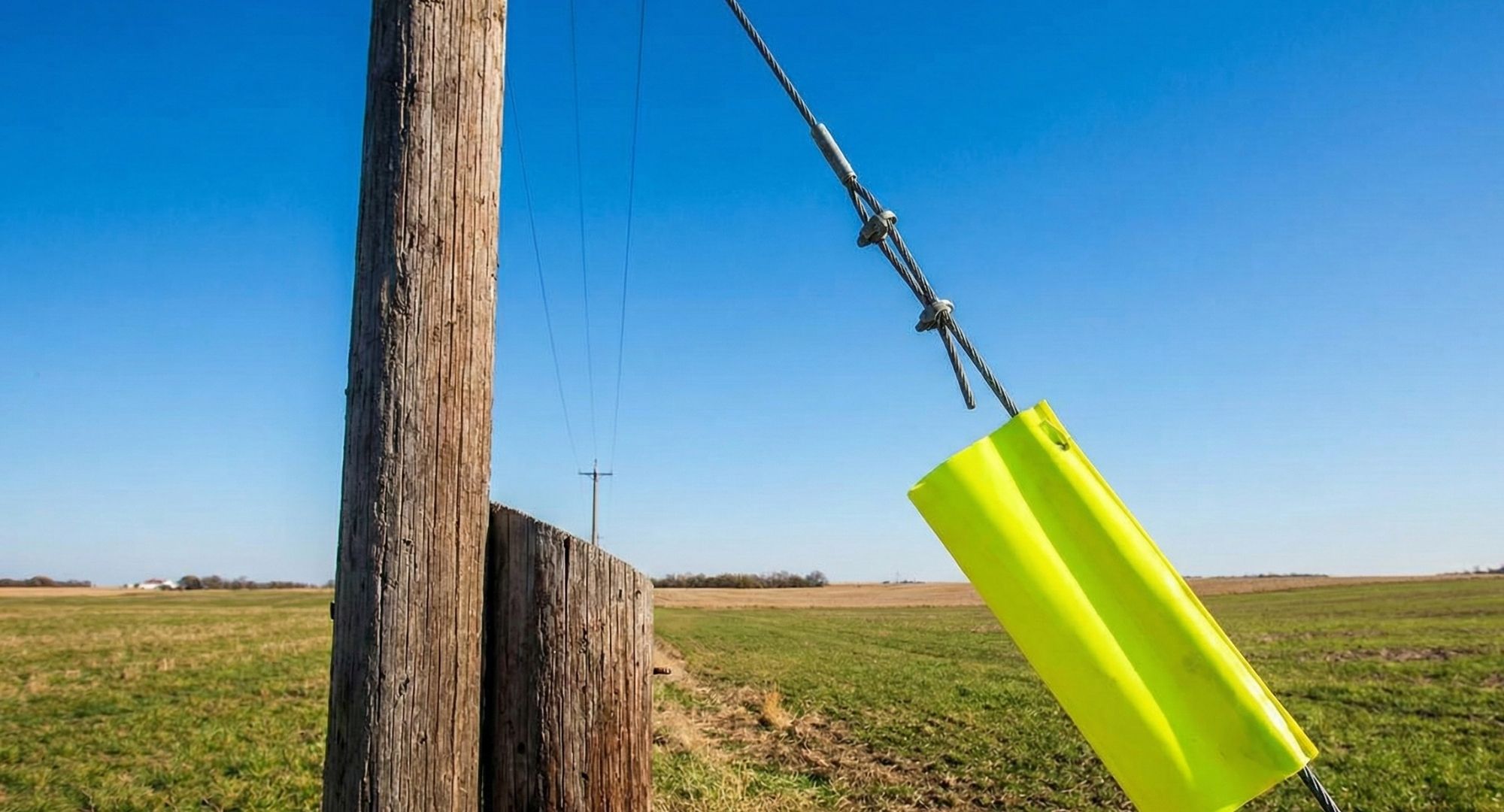 A wide-angle landscape photograph of a wooden utility pole secured by a guy wire that has a bright yellow, high-visibility marker attached to its lower section, set against a rural field under a clear blue sky.