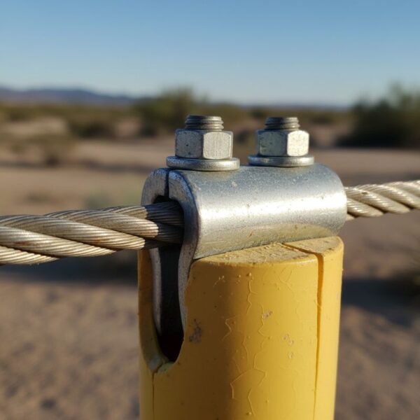 A close-up photograph showing the fastening mechanism of a yellow guy wire marker securely wrapped around a tensioned steel cable.