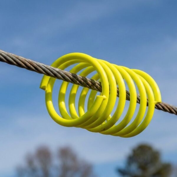 A close-up photograph of a bright yellow spiral bird flight diverter coiled around a power line against a blue sky.