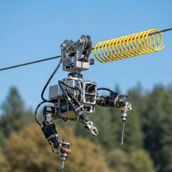 A detailed photograph captures a robotic device suspended from an overhead power line, installing a yellow spiral bird flight diverter