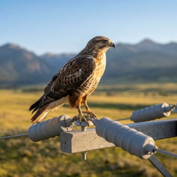 A hawk perches on a power line crossarm that is equipped with grey, textured wildlife protection covers. The covers wrap around the energized components to prevent the bird from completing an electrical circuit.