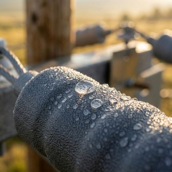 A close-up shot of a grey, weather-resistant wildlife cover on a power line. The surface is textured and covered in water droplets, highlighting its hydrophobic properties and durability in outdoor environments.