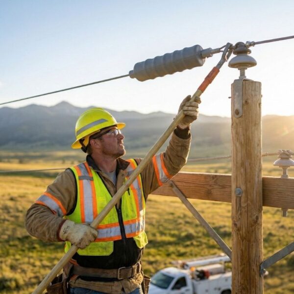 A utility worker in a yellow hard hat and high-visibility vest uses a long insulated "hot stick" to install a grey wildlife protection cover onto an energized power line near a wooden utility pole.