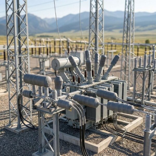 An electrical substation featuring a large transformer equipped with numerous grey wildlife bushings and covers. The covers are designed to prevent animals from making contact with energized terminals, reducing the risk of outages.