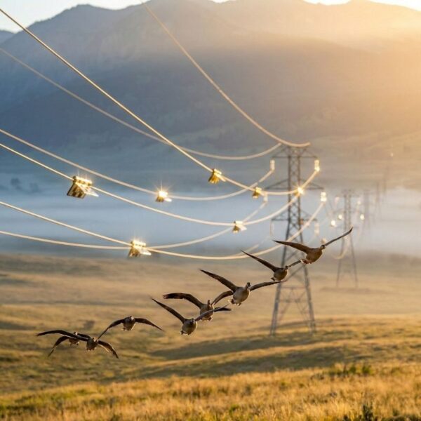 A flock of geese flies in a line parallel to high-voltage transmission lines. The lines are equipped with glowing or reflective bird flight diverters that make the wires more visible to prevent avian collisions.