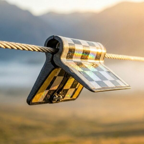 A close-up of a bird flight diverter clipped onto a braided power line. The marker has a checkered, holographic, and reflective surface designed to catch the light and alert birds to the presence of the wire.