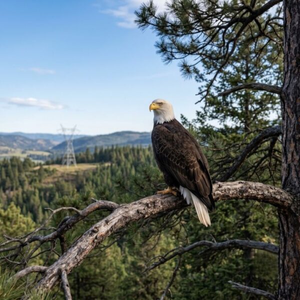 Eagle perched naturally with protected transmission towers in the background.