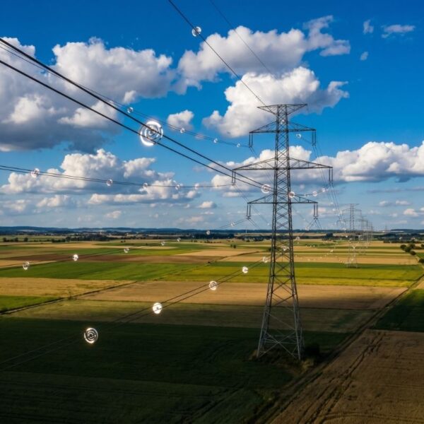 Transmission lines marked with reflective flight bird diverters over a valley.