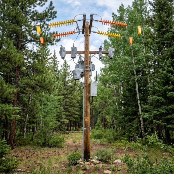 Upgraded distribution pole with insulated covers and bird diverters in the woods.