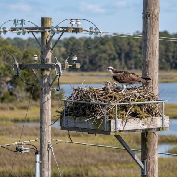 Osprey nest safely relocated to a dedicated platform near utility infrastructure.
