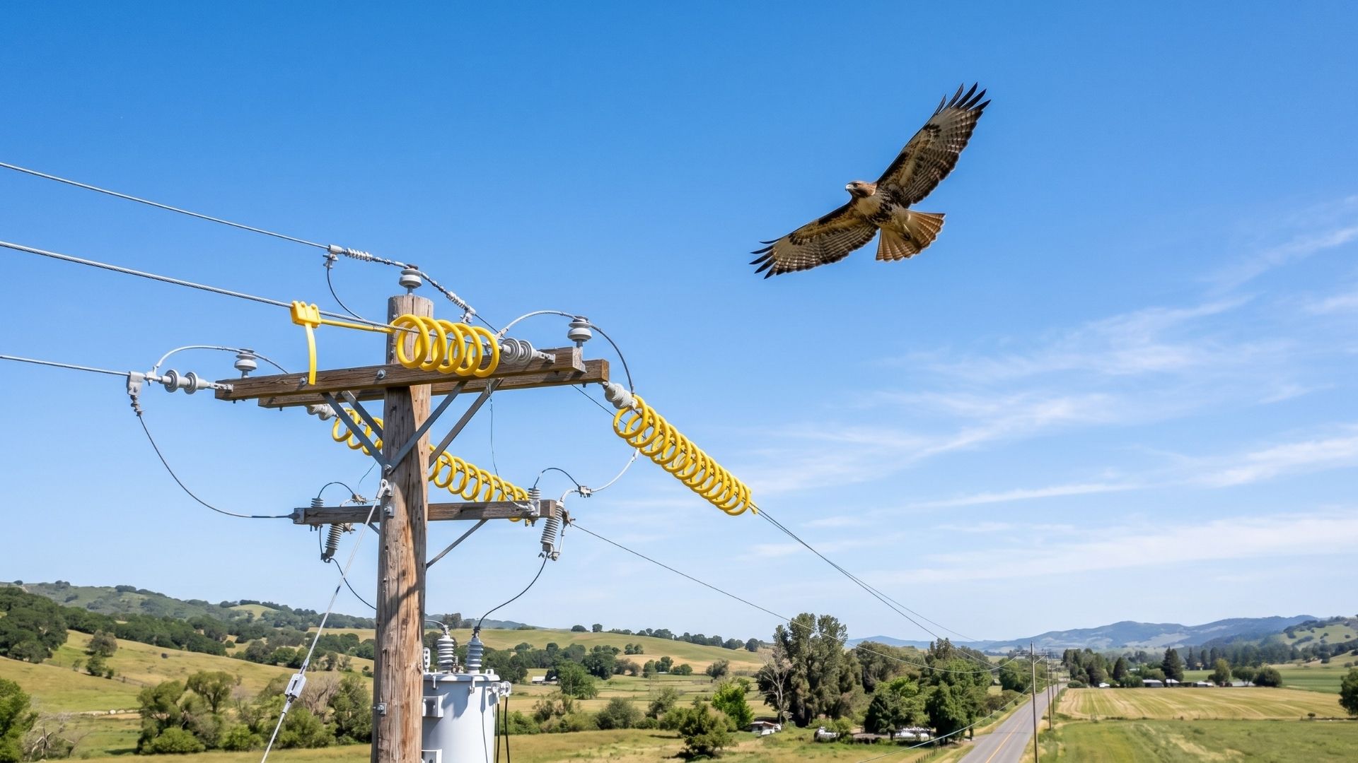 Hawk soaring safely above a distribution pole equipped with flight bird diverters.