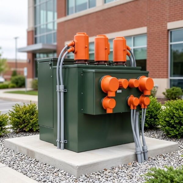 Modern electrical transformer fitted with durable bushing covers for protection.