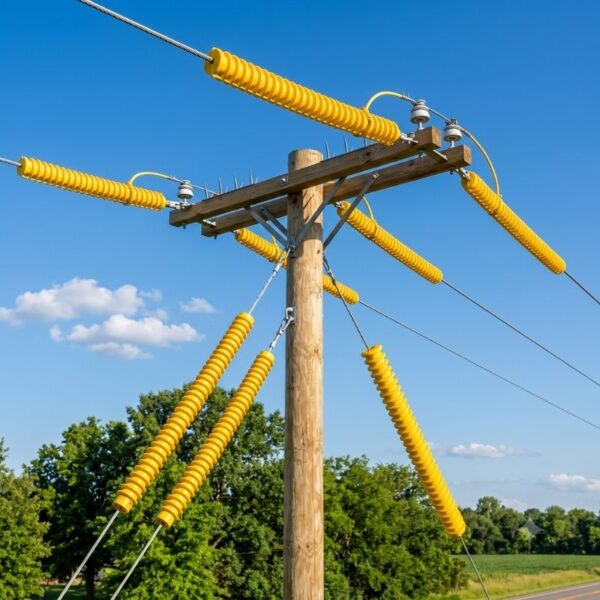 Overhead distribution line equipped with bright yellow line hoses for insulation.