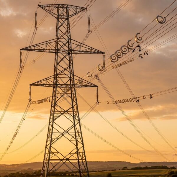 High-voltage transmission tower with installed bird flight diverters in the sun.