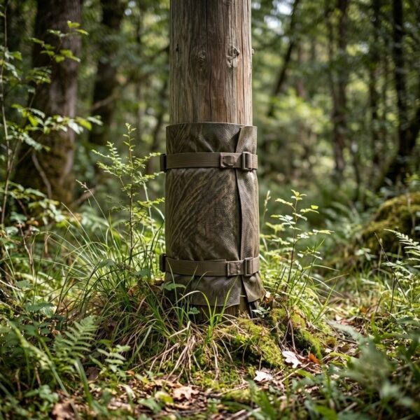 Securely wrapped utility pole base with protective armor in a natural landscape.