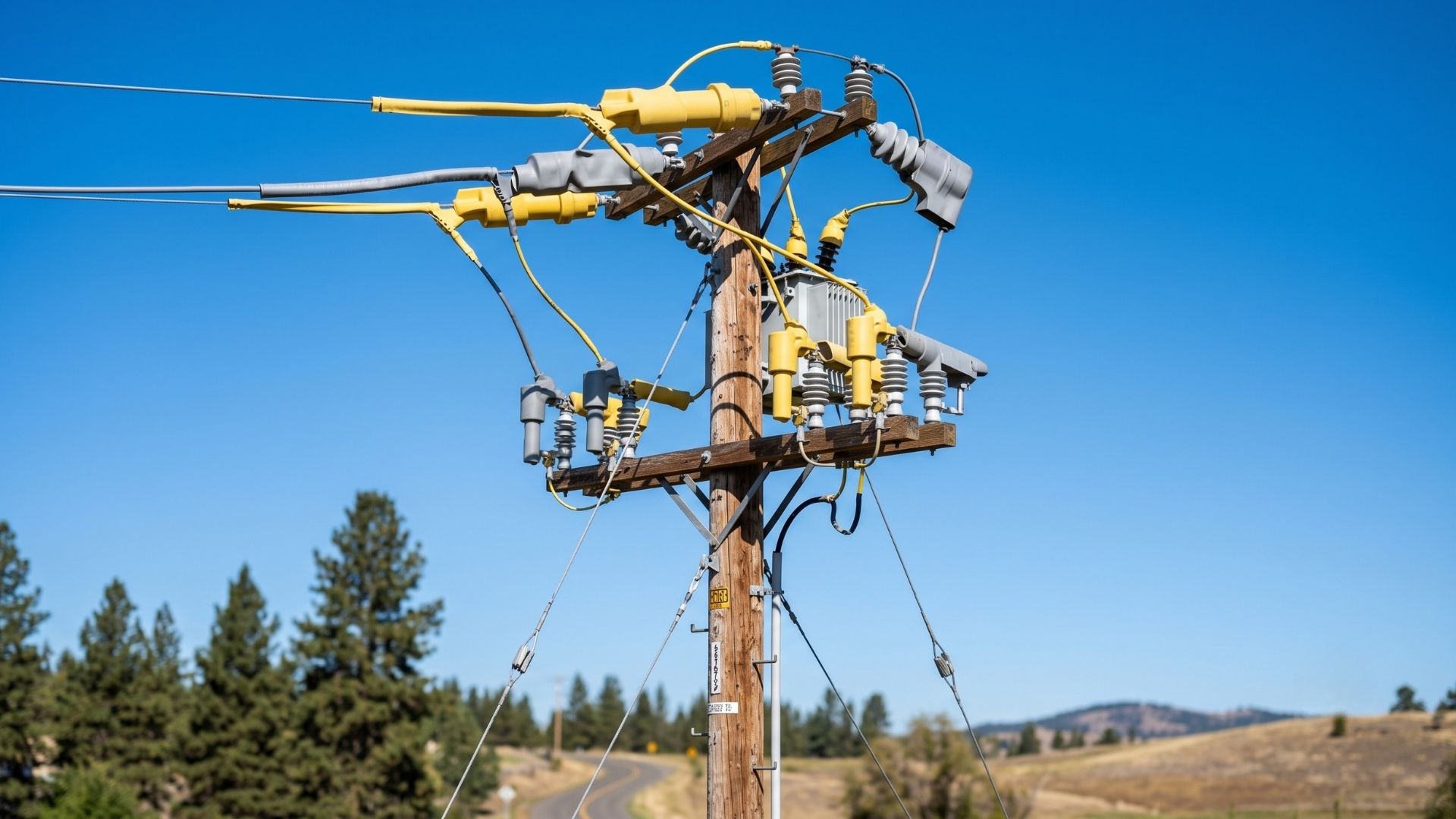 Newly insulated utility pole with protective covers installed under a clear blue sky.