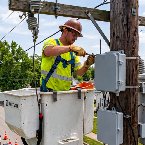 A technician upgrades components on a utility pole to modernize the distribution grid.