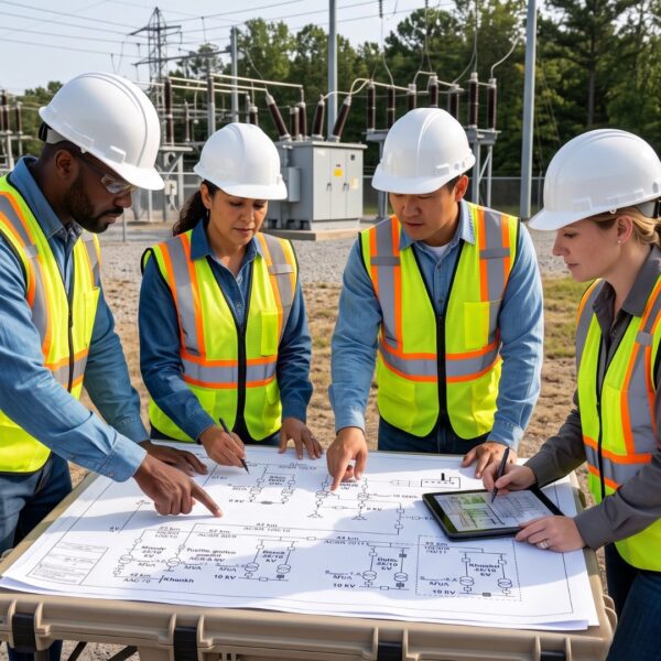 Diverse electrical engineering team reviewing utility grid schematics outdoors