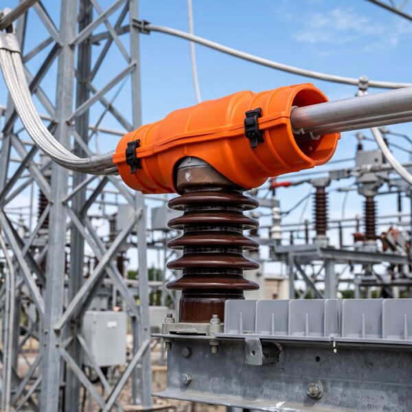 Close-up view of electrical substation infrastructure equipped with protective guards.