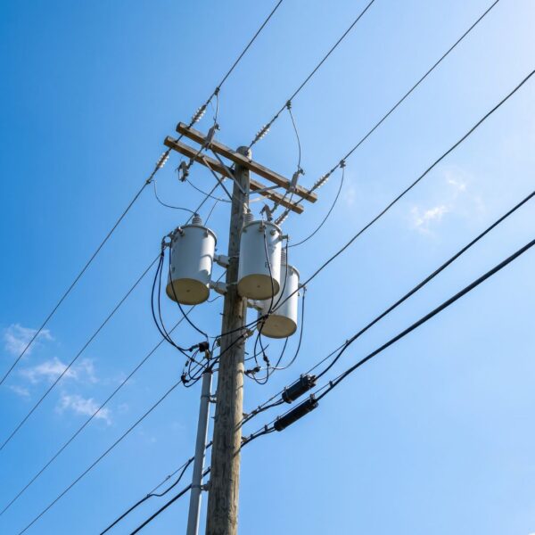 High-voltage power line transformers against a bright sunny sky background